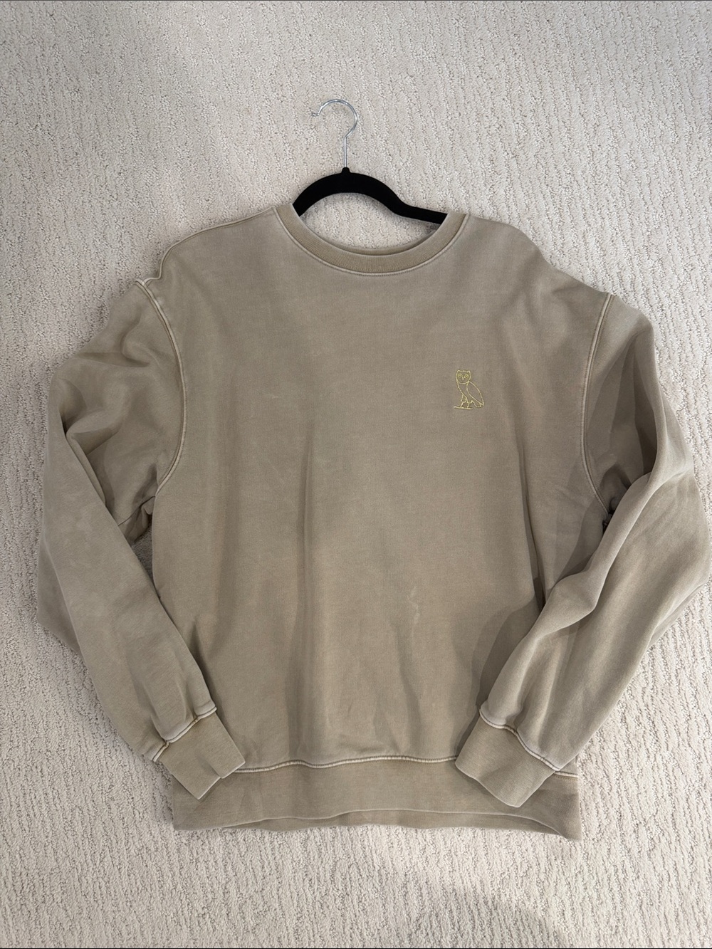 OVO Men's Sand Beige Crewneck Sweatshirt with Embroidered Owl